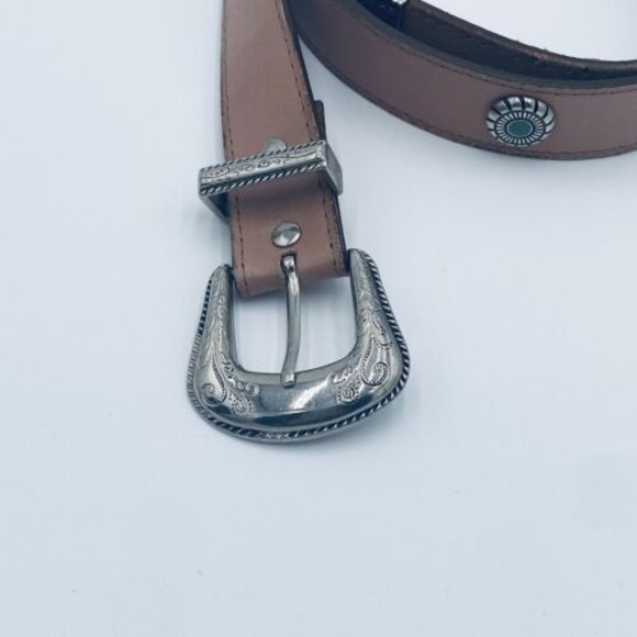 Omega Leather Belt Tan with Silver Tone & Aqua Detail Size Large Vintage Taiwan - Picture 2 of 8